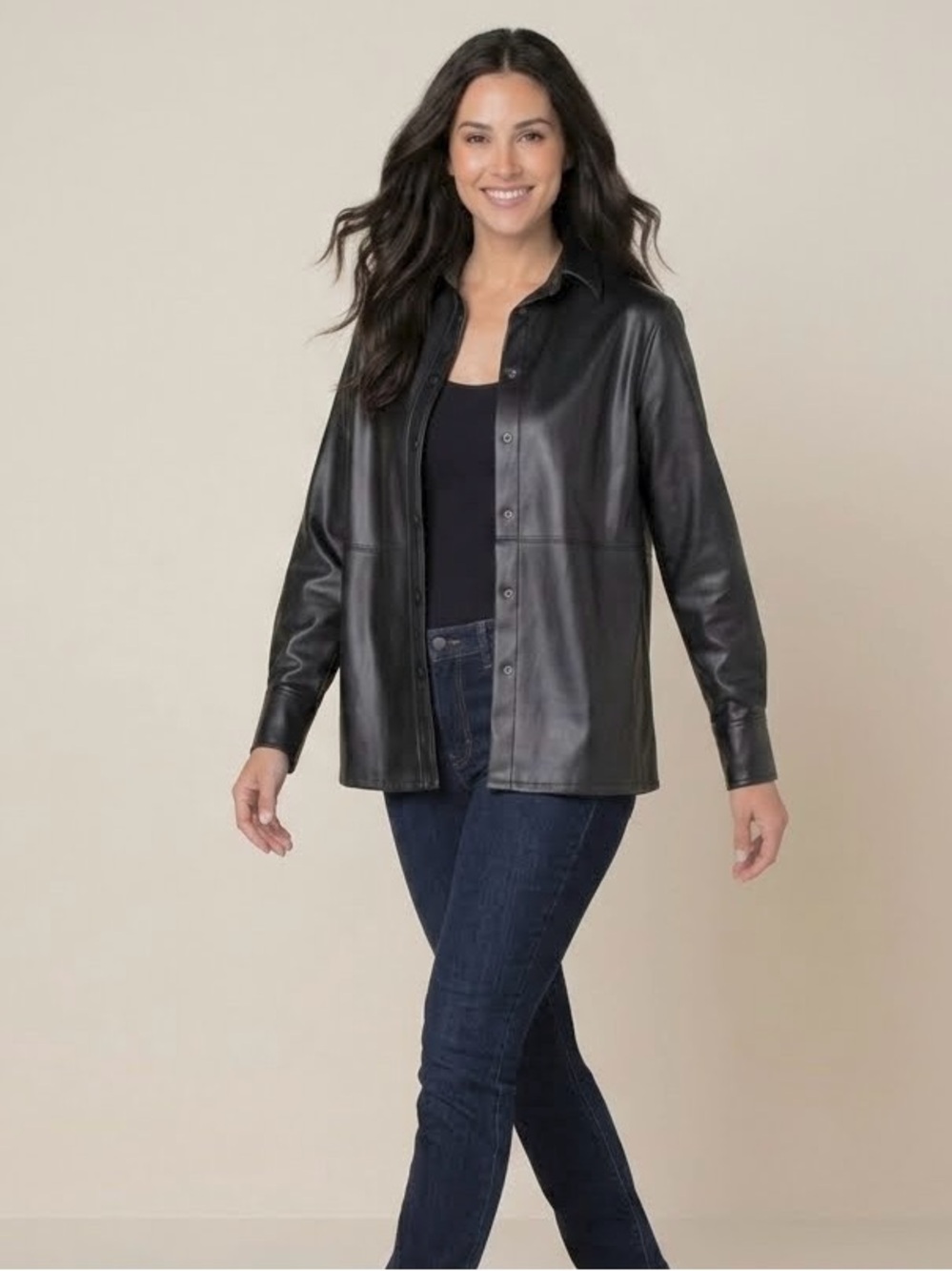 Liverpool Faux Vegan Button-down Long Sleeve Leather Shacket, Black, Size XS‎